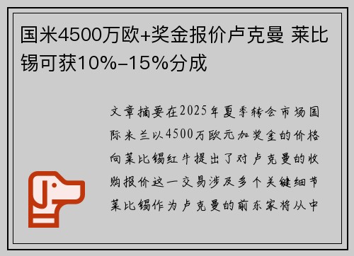 国米4500万欧+奖金报价卢克曼 莱比锡可获10%-15%分成