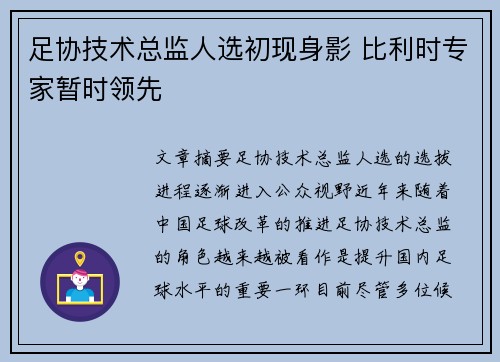 足协技术总监人选初现身影 比利时专家暂时领先