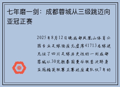 七年磨一剑：成都蓉城从三级跳迈向亚冠正赛