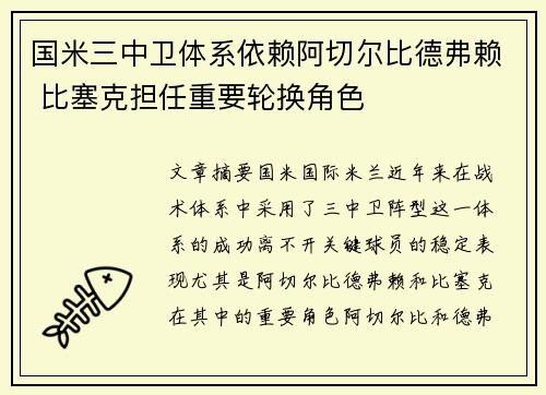 国米三中卫体系依赖阿切尔比德弗赖 比塞克担任重要轮换角色
