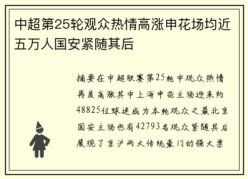 中超第25轮观众热情高涨申花场均近五万人国安紧随其后